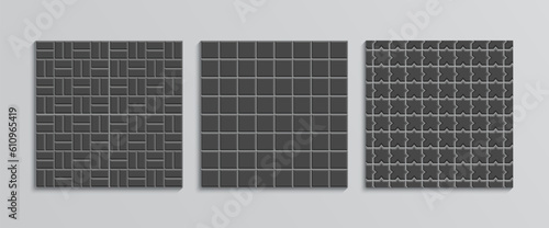 Mosaic outdoor background. Stone surface texture. Slab pavement seamless pattern collection. Set of paved floor tiles. Decorative sidewalk. Cobblestone print. Vector illustration