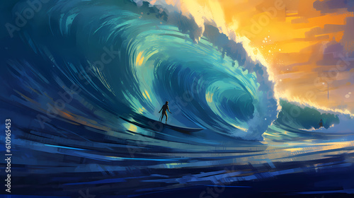 Illustration of a surfer on the background of the ocean © Aleh Varanishcha