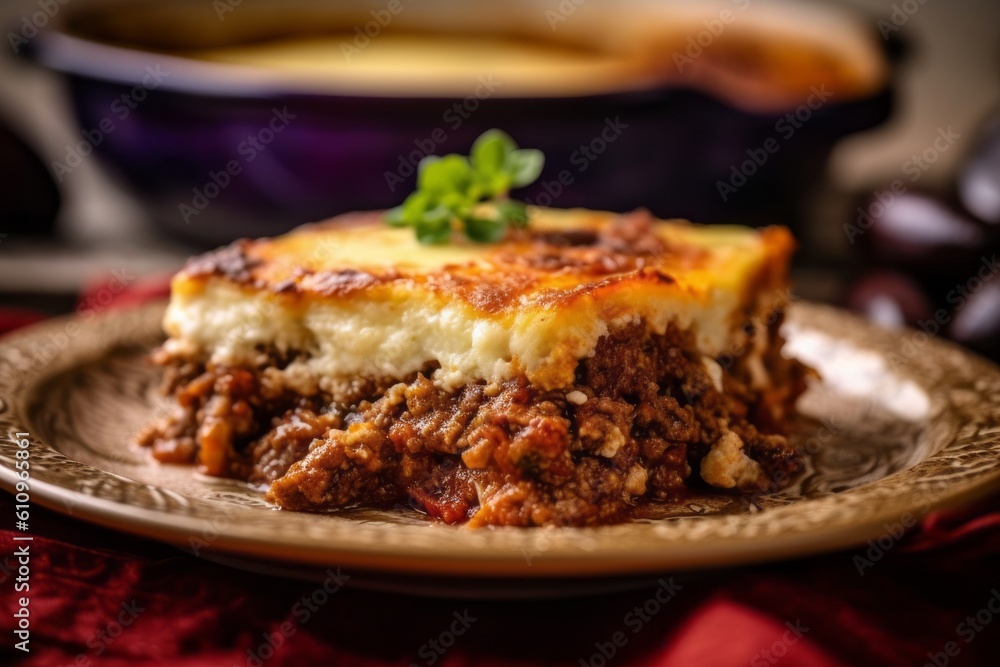 Close-up view photography of a tempting moussaka on a porcelain platter against a natural linen fabric background. With generative AI technology Close-up view photography of a tempting moussaka on a porcelain platter against a natural linen fabric background. With generative AI technology