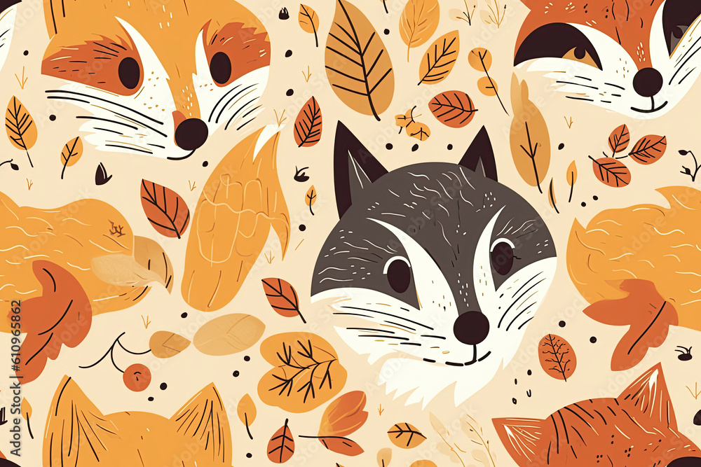 Cute seamless pattern of fox cubs' faces against a forest background with leaves and dots. Generative AI illustration Cute seamless pattern of fox cubs' faces against a forest background with leaves and dots. Generative AI illustration