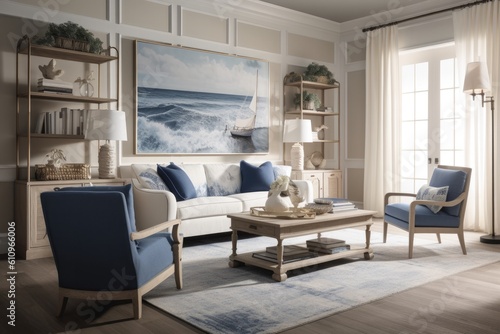 Living room in Coastal/Hamptons design inspired by the beach, this design style is characterized by a light and airy color palette with nautical themes. Architecture and Real estate, AI generative © Dalibor