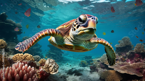 turtle life in the coral reef, animals of the underwater sea world, Generative AI.