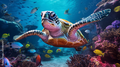 turtle life in the coral reef  animals of the underwater sea world  Generative AI.