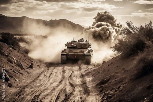 armored tank crosses a mine field during war invasion epic scene of fire and some in the desert