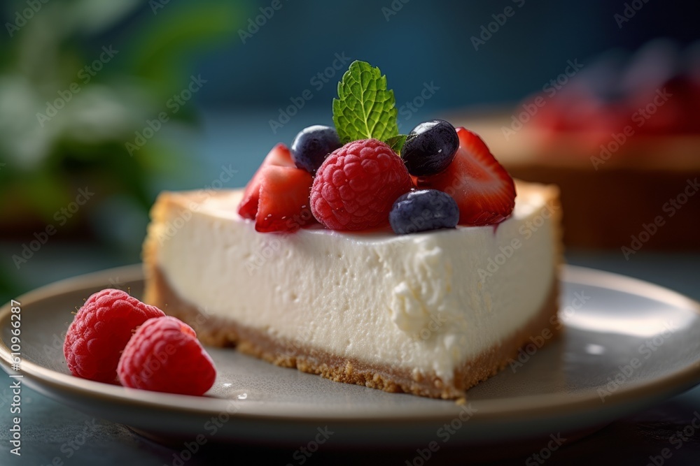 Macro view photography of a tasty cheesecake on a marble slab against a pastel painted wood background. With generative AI technology Macro view photography of a tasty cheesecake on a marble slab against a pastel painted wood background. With generative AI technology