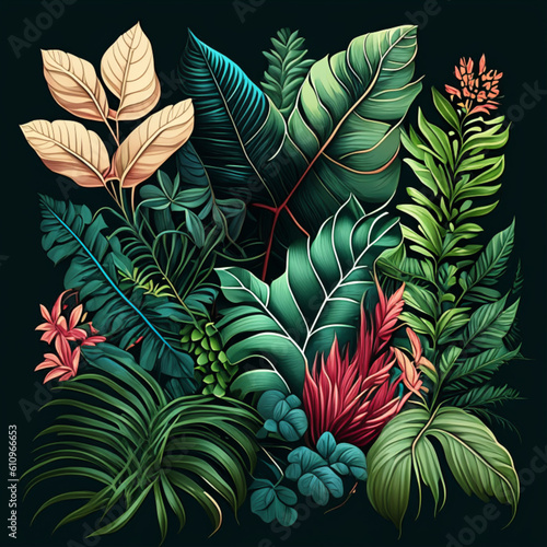 Tropical leaves and flowers on dark background. Vector illustration.