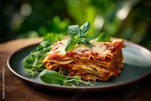 Highly detailed close-up photography of a tempting lasagna on a rustic plate against a green plant leaves background. With generative AI technology