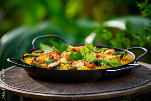 Detailed close-up photography of a refined paella on a plastic tray against a green plant leaves background. With generative AI technology