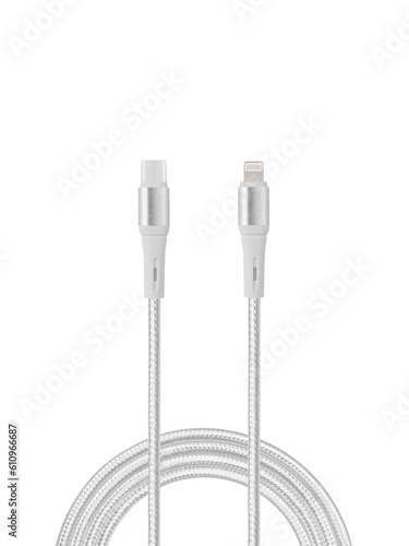 White cable for charging and synchronization with Type - C  USB  Micro USB  Lightning connectors on a white background