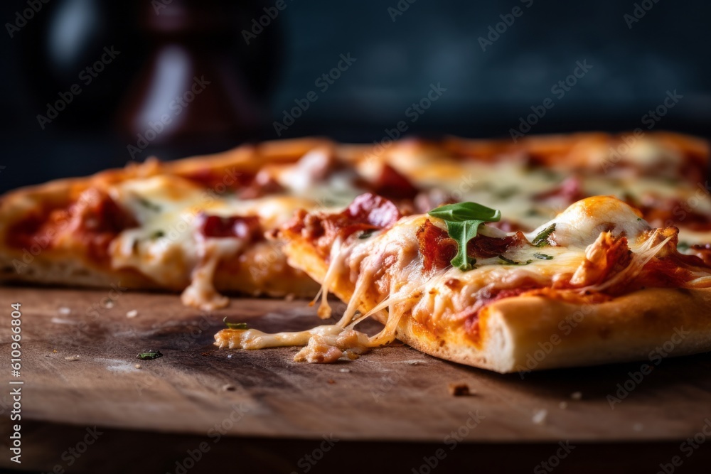 Macro detail close-up photography of an exquisite pizza on a wooden board against a velvet background. With generative AI technology