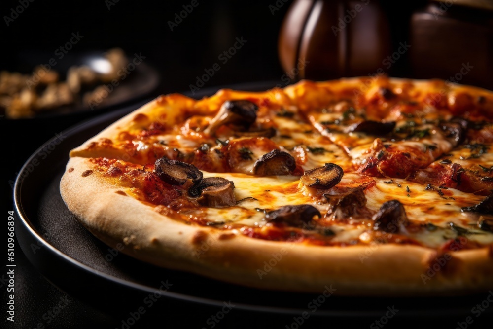 Macro detail close-up photography of a tasty pizza on a porcelain platter against a velvet background. With generative AI technology Macro detail close-up photography of a tasty pizza on a porcelain platter against a velvet background. With generative AI technology