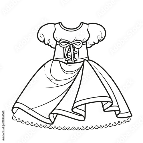 Dress with lace-up corset and fluffy skirt outline for coloring on a white background
