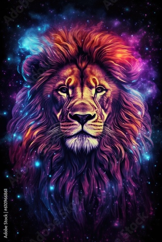 Lion predator animals wildlife painting. Lion is the king of animals. The constellation of Leo is a sign of the leaders. A strong spirit  strong body  strong will. Fantasy art of a lion