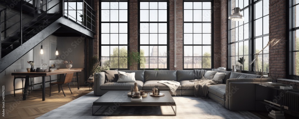 Banner - Living room in Loft in Contemporary design style typically includes clean, crisp lines, simple color palettes, and uses metal, glass, and steel. Architecture and Real estate, AI generative Banner - Living room in Loft in Contemporary design style typically includes clean, crisp lines, simple color palettes, and uses metal, glass, and steel. Architecture and Real estate, AI generative