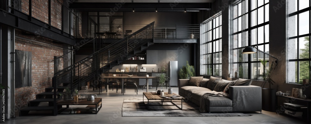 Banner - Living room in Loft in Contemporary design style typically includes clean, crisp lines, simple color palettes, and uses metal, glass, and steel. Architecture and Real estate, AI generative Banner - Living room in Loft in Contemporary design style typically includes clean, crisp lines, simple color palettes, and uses metal, glass, and steel. Architecture and Real estate, AI generative