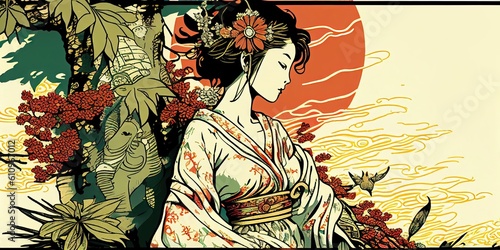 In her retro place of traditional Japanese ukiyo-e, a woman in kimono has a sorrowful expression and feels melancholy and ponders calm colors. Abstract and AI-generated illustration.