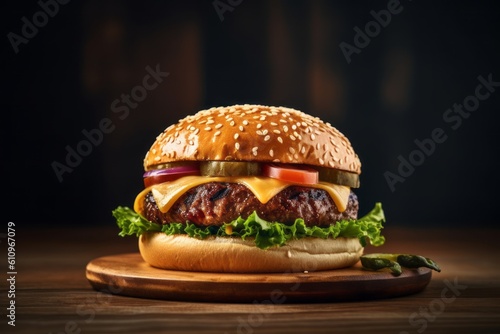 Natural light close-up photography of a tempting burguer on a rustic plate against a frosted glass background. With generative AI technology