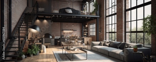 Banner - Living room in Loft in Contemporary design style typically includes clean, crisp lines, simple color palettes, and uses metal, glass, and steel. Architecture and Real estate, AI generative © Dalibor