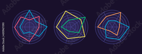 Wind condition infographic radar chart design template set for dark theme. Speed and direction of winds. Meteorological prediction. Editable infochart with circle sectors. Visual data presentation