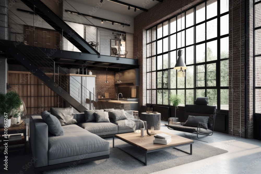 Living room in Loft in Contemporary design style typically includes clean, crisp lines, simple color palettes, and uses metal, glass, and steel. Architecture and Real estate, AI generative