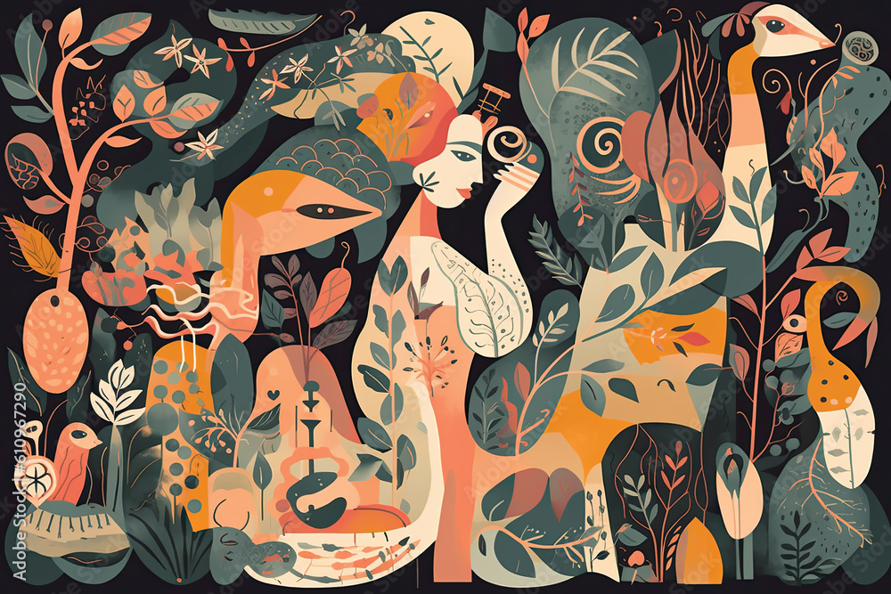 illustration of a beautiful girl in a long dress on the background of nature illustration of a beautiful girl in a long dress on the background of nature