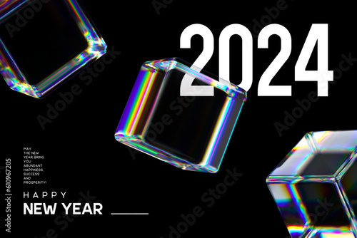 2024 New Year abstract black concept with 3d transparent multicolor cubes. Vector illustration.