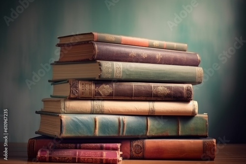 Leisure  history  still life concept. Stack of vintage books background with copy space. Books with colorful ornamental side covers. Generative AI