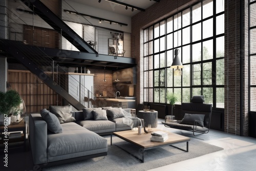 Living room in Loft in Contemporary design style typically includes clean  crisp lines  simple color palettes  and uses metal  glass  and steel. Architecture and Real estate  AI generative