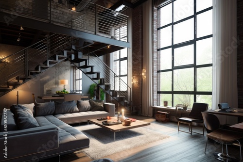 Living room in Loft in Contemporary design style typically includes clean, crisp lines, simple color palettes, and uses metal, glass, and steel. Architecture and Real estate, AI generative