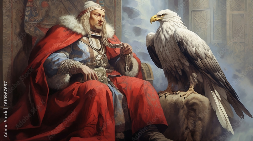 A fantasy king next to a bald eagle - obrazy, fototapety, plakaty 