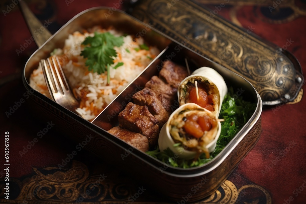 Macro view photography of a tempting kebab in a bento box against a vintage wallpaper background. With generative AI technology