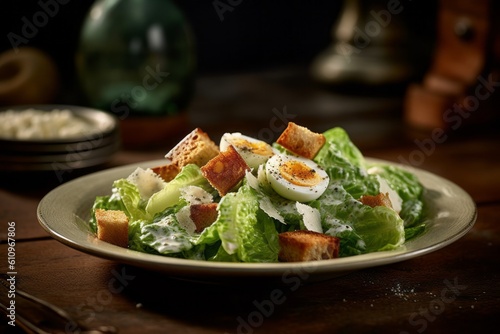 Macro view photography of a tempting caesar salad on a marble slab against a vintage wallpaper background. With generative AI technology