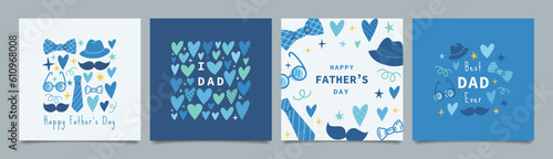 Set of Father's Day greeting cards with necktie, mustache, hat, tie, glasses. Blue colors. Father's Day cartoon holiday illustration for banner, template, poster, flyer, social media.