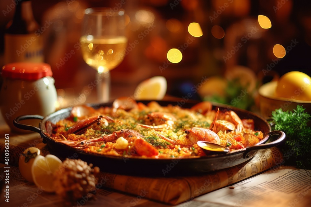 Detailed close-up photography of a tempting paella in a clay dish against a newspaper or magazine background. With generative AI technology Detailed close-up photography of a tempting paella in a clay dish against a newspaper or magazine background. With generative AI technology