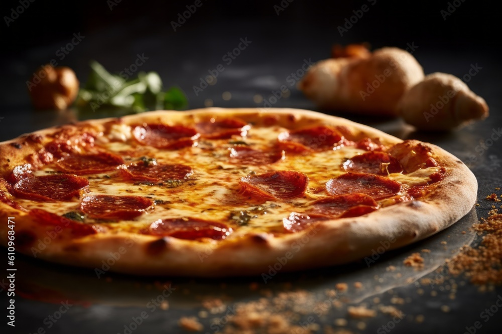 Highly detailed close-up photography of a tempting pizza on a ceramic tile against a polished cement background. With generative AI technology