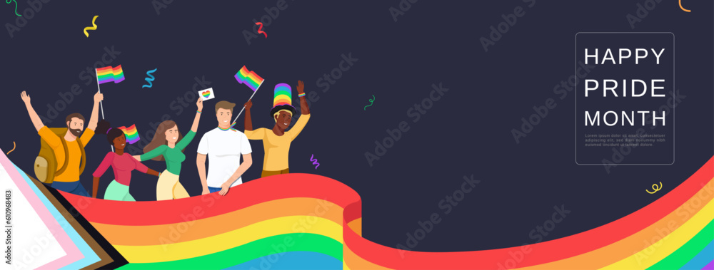 Happy pride month banner background with wavy rainbow LGBT flag and ...