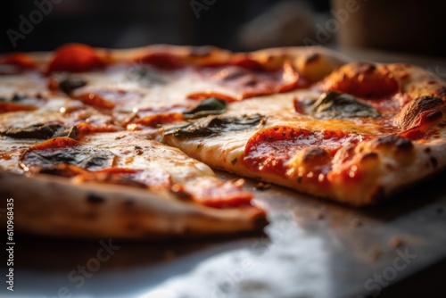 Highly detailed close-up photography of a tasty pizza on a plastic tray against a polished cement background. With generative AI technology