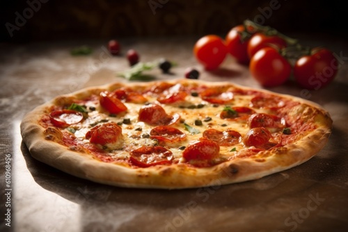 Highly detailed close-up photography of a tempting pizza on a ceramic tile against a polished cement background. With generative AI technology
