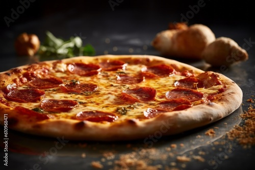 Highly detailed close-up photography of a tempting pizza on a ceramic tile against a polished cement background. With generative AI technology