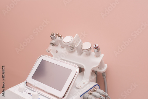  Attachments to the HydraFacial device for facial skin care in a spa clinic to combat acne or aging. The elective focus