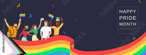 Happy pride month banner background with wavy rainbow LGBT flag and space for text, vector design