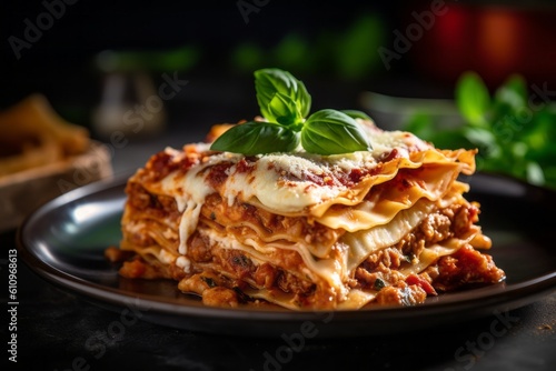 Close-up view photography of a tempting lasagna on a metal tray against a polished cement background. With generative AI technology