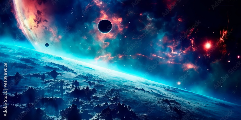 Fototapeta premium Planets, stars and galaxies in outer space showing the beauty of space exploration. Generative AI