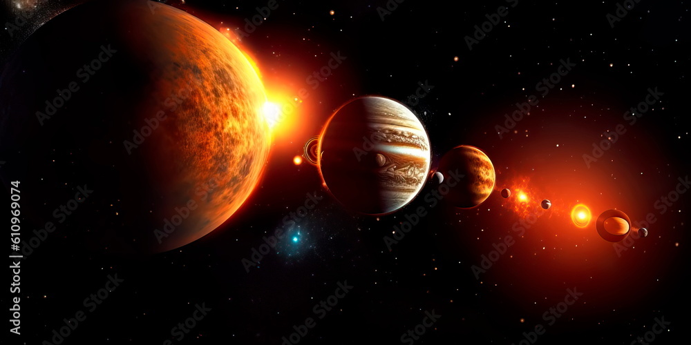 Solar system planet, comet, sun and star. Sun, mercury, Venus, planet earth, Mars, Jupiter, Saturn, Uranus, Neptune.  Generative AI