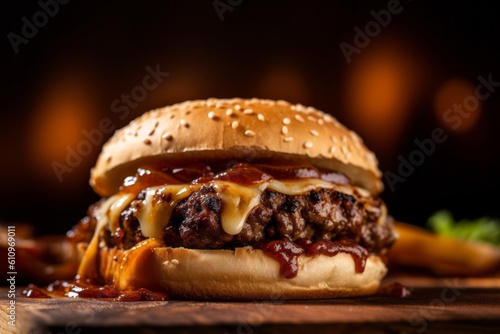 Macro detail close-up photography of a tempting burguer on a rustic plate against a rusted iron background. With generative AI technology