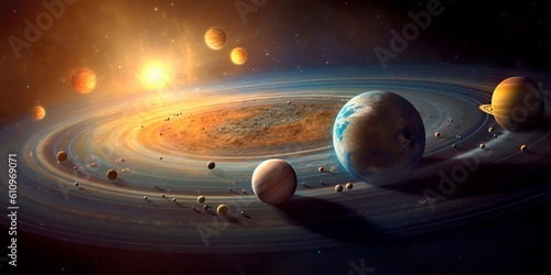 Fototapeta Naklejka Na Ścianę i Meble -  Solar system planet, comet, sun and star. Sun, mercury, Venus, planet earth, Mars, Jupiter, Saturn, Uranus, Neptune.  Generative AI