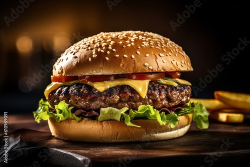 Close-up view photography of a tempting burguer on a slate plate against a rusted iron background. With generative AI technology