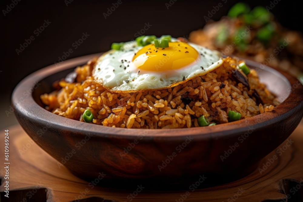 Macro view photography of an exquisite fried rice on a wooden board against a rusted iron background. With generative AI technology Macro view photography of an exquisite fried rice on a wooden board against a rusted iron background. With generative AI technology