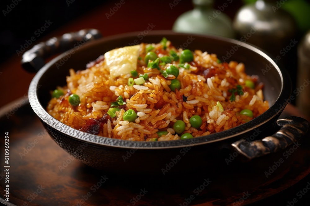 Close-up view photography of a delicious fried rice on a metal tray against a rusted iron background. With generative AI technology