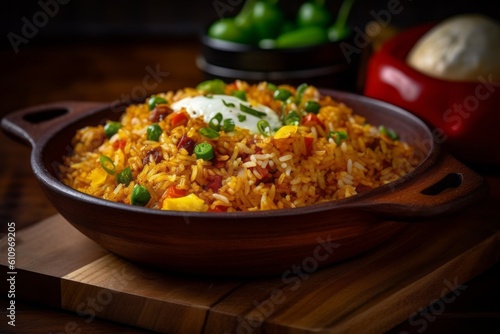 Macro view photography of an exquisite fried rice on a wooden board against a rusted iron background. With generative AI technology